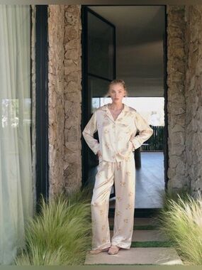 EBERJEY Inez Washable Silk Printed Long PJ Set in Floral Bloom Peach Dust/Ivory